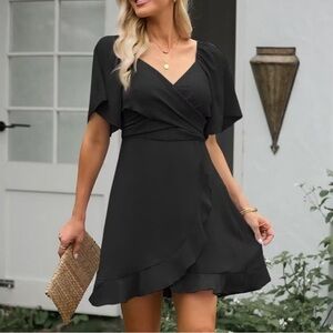 Black Ruffled Wrap Mini Dress with Sweetheart Neckline